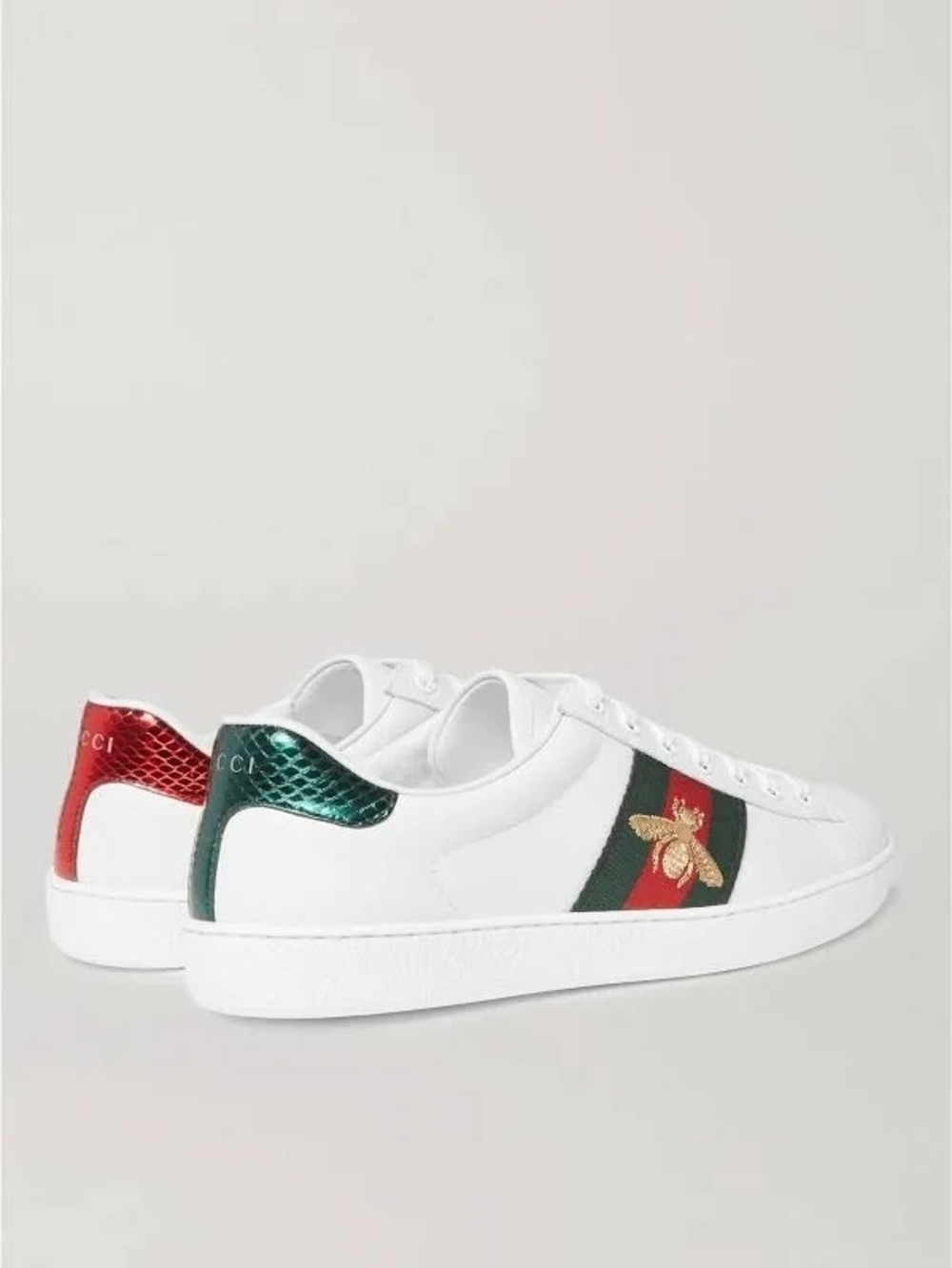 Gucci Men’s White Leather Ace Sneaker with Green-Red Web and Bee - Picture 2 of 16